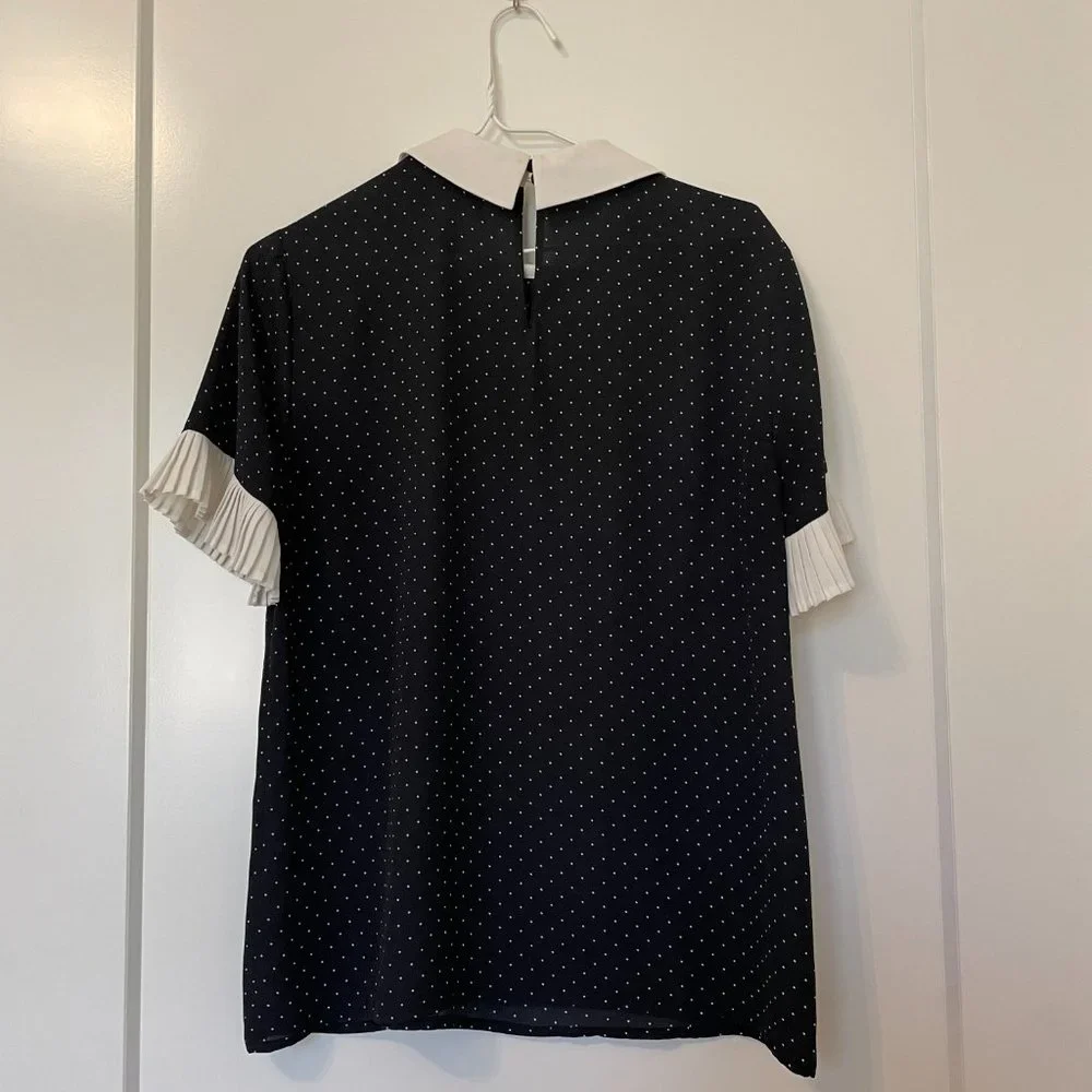 CeCe Womens Short Sleeve Polka Dot Collared Blouse Navy Blue White Size Medium - Picture 9 of 11